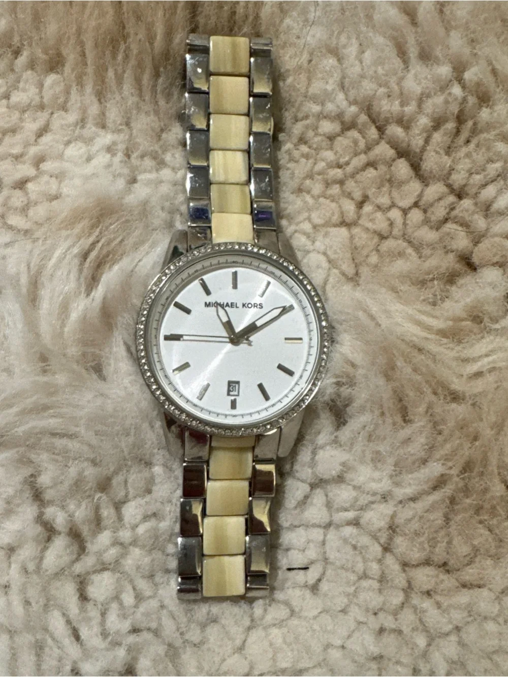 Michael Kors Silver and Cream-Tone Crystal Bezel  Watch